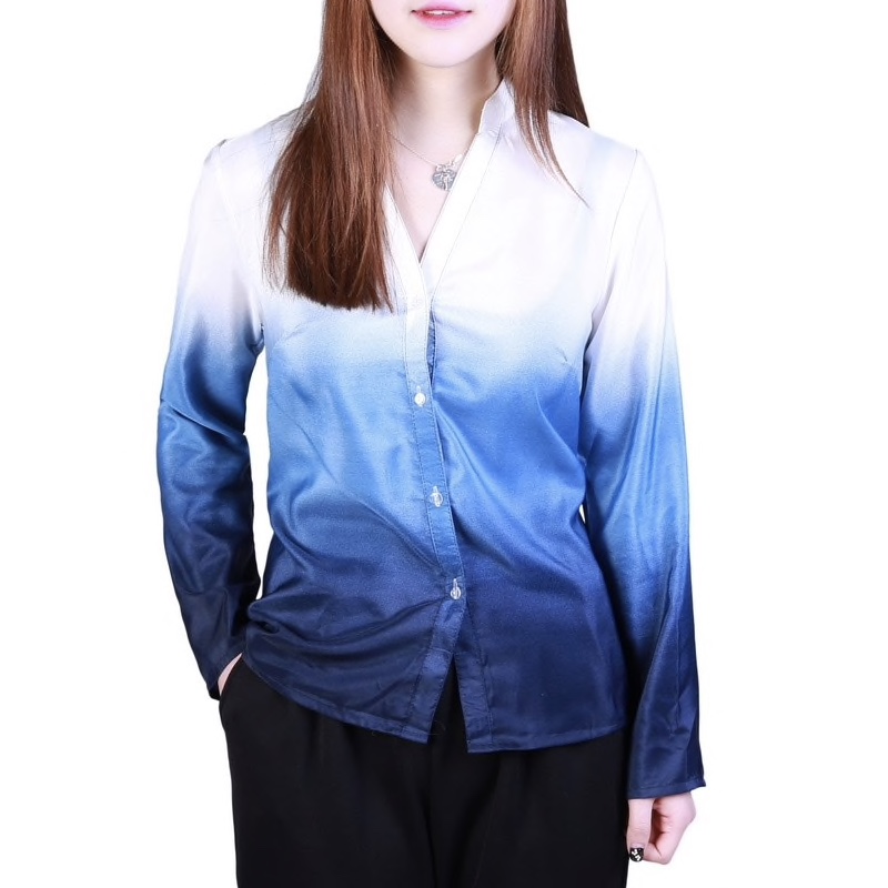 Blue Polyester Chinese Collar Shaded Women Top