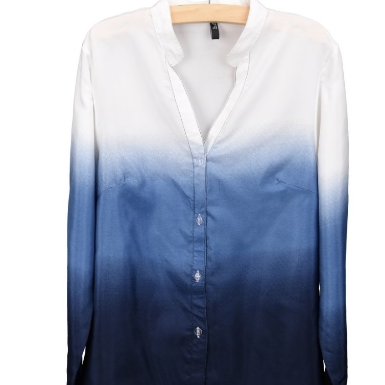 Blue Polyester Chinese Collar Shaded Women Top