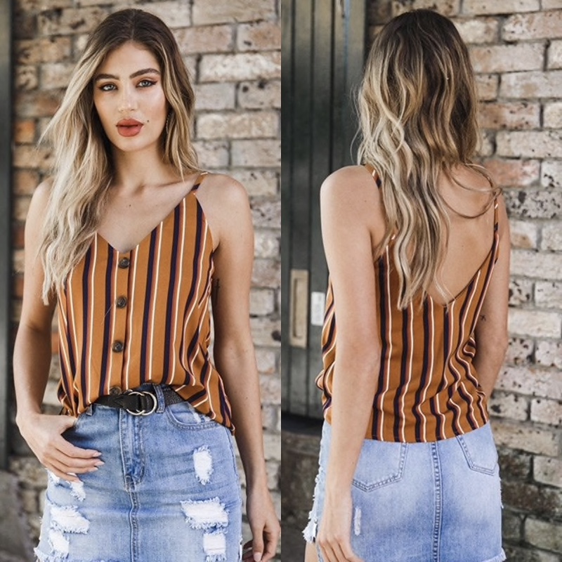 Brown Polyester Vertical Stripes Printed Casual Women Top