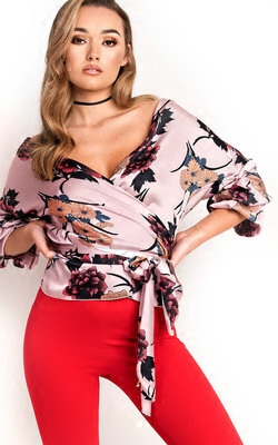 Polyester Floral Printed Side Sash Knot Casual Women Top