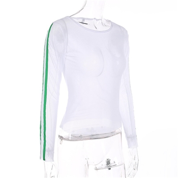 White Polyester Plain Stripped Sleeves Casual Women Top