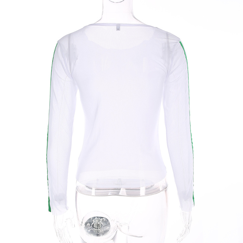 White Polyester Plain Stripped Sleeves Casual Women Top