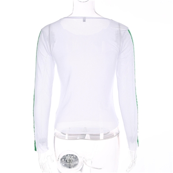 White Polyester Plain Stripped Sleeves Casual Women Top