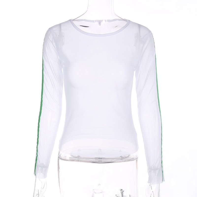 White Polyester Plain Stripped Sleeves Casual Women Top