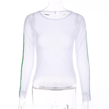 White Polyester Plain Stripped Sleeves Casual Women Top