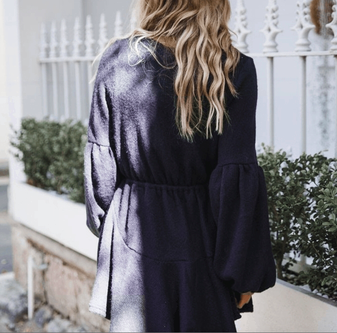 Polyester Sash Waist Flared Warm Women Dress