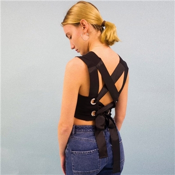 Black Polyester Back Straps Patterned Crop Women Top