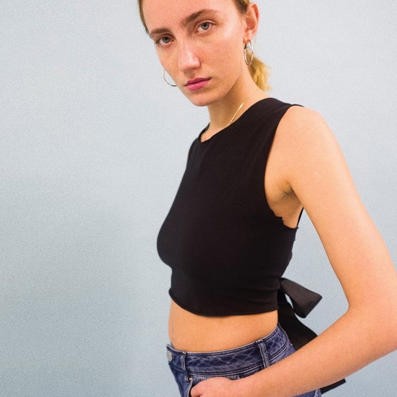 Black Polyester Back Straps Patterned Crop Women Top