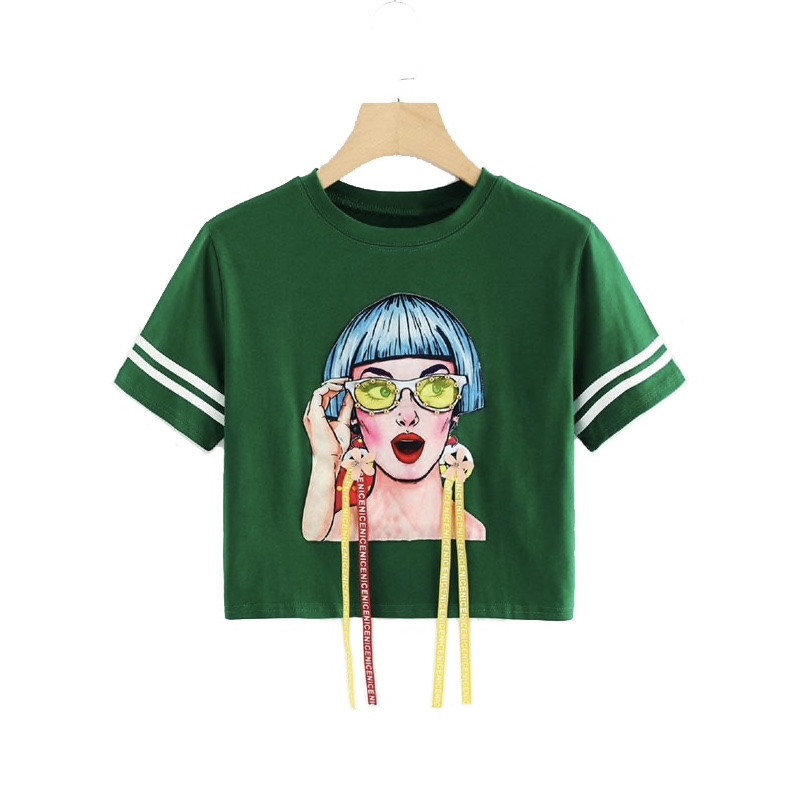 Green Polyester Doll Printed Front Crop Women Top