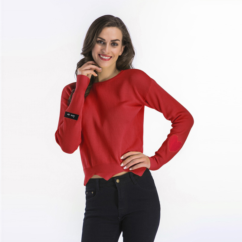 Spandex Plain Cut Work End Heart Embroidery Sleeves Women Sweater
