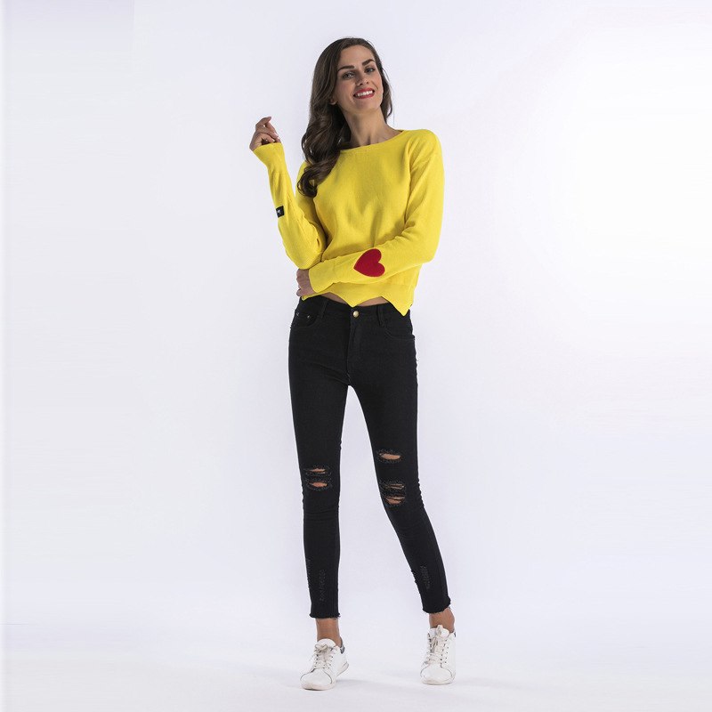 Spandex Plain Cut Work End Heart Embroidery Sleeves Women Sweater