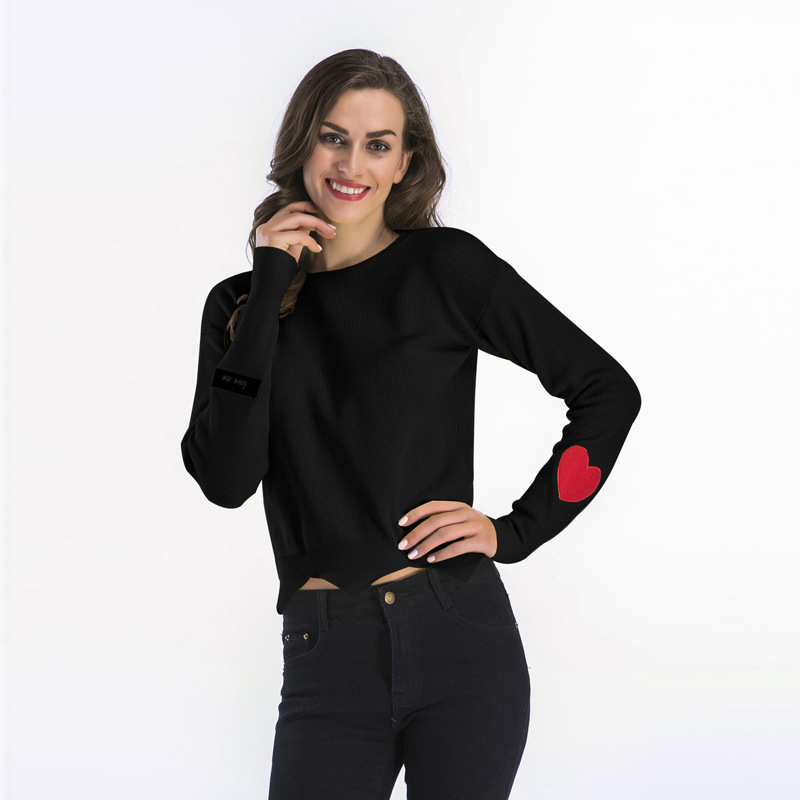 Spandex Plain Cut Work End Heart Embroidery Sleeves Women Sweater