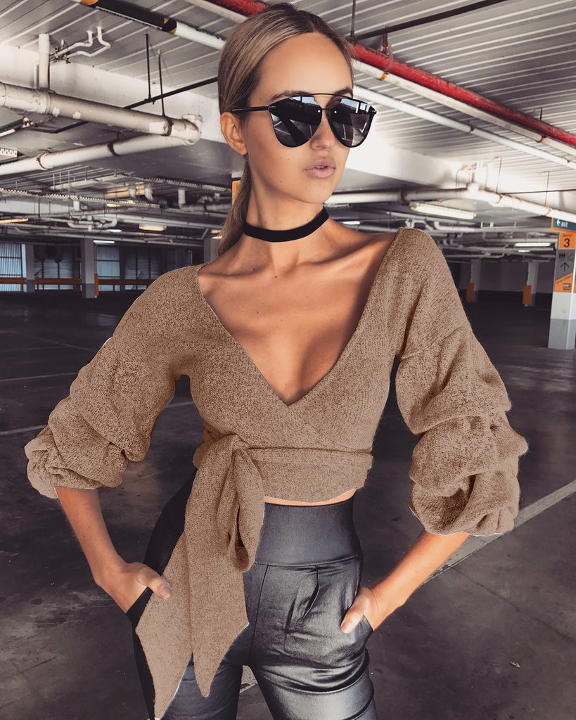 Spandex Sash Knot Patterned Crop Women Sweater