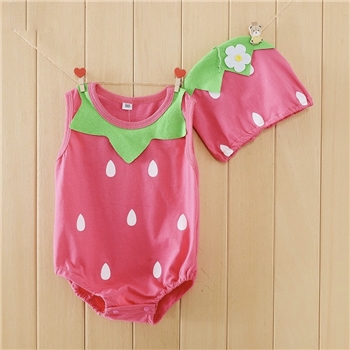 Pink Cotton Fruit Patterned Romper Cap Set For Girls