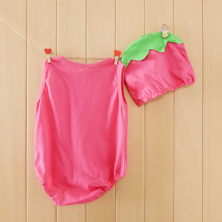Pink Cotton Fruit Patterned Romper Cap Set For Girls