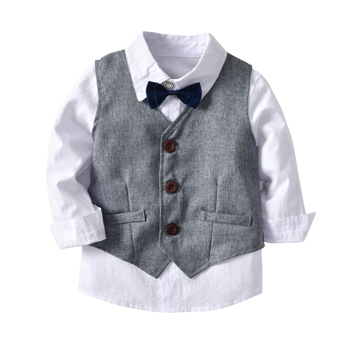 Grey Cotton Plain Shirt Vest Coat Plain Pants For Boys