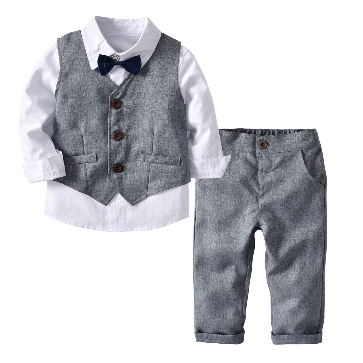 Grey Cotton Plain Shirt Vest Coat Plain Pants For Boys
