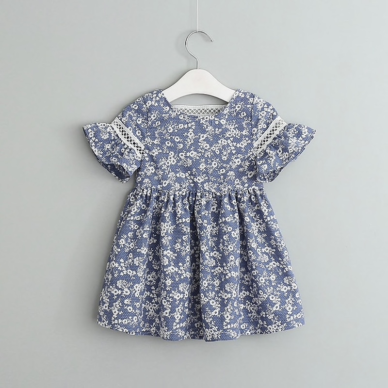 Blue Cotton Paisley Printed Casual Dress For Girls
