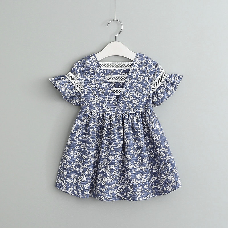 Blue Cotton Paisley Printed Casual Dress For Girls