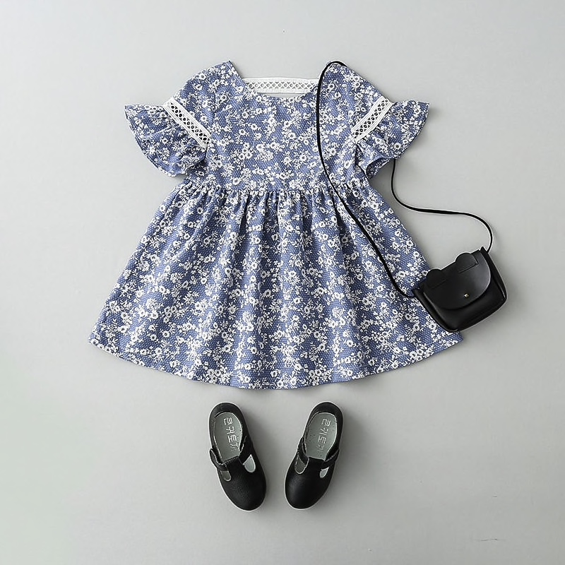 Blue Cotton Paisley Printed Casual Dress For Girls