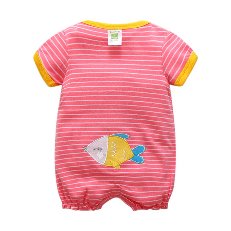 Pink Cotton Stripped Back Fish Patterned Romper For Kids