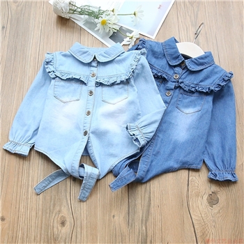 Cotton Denim Style Ruffled Front Casual Top For Girls