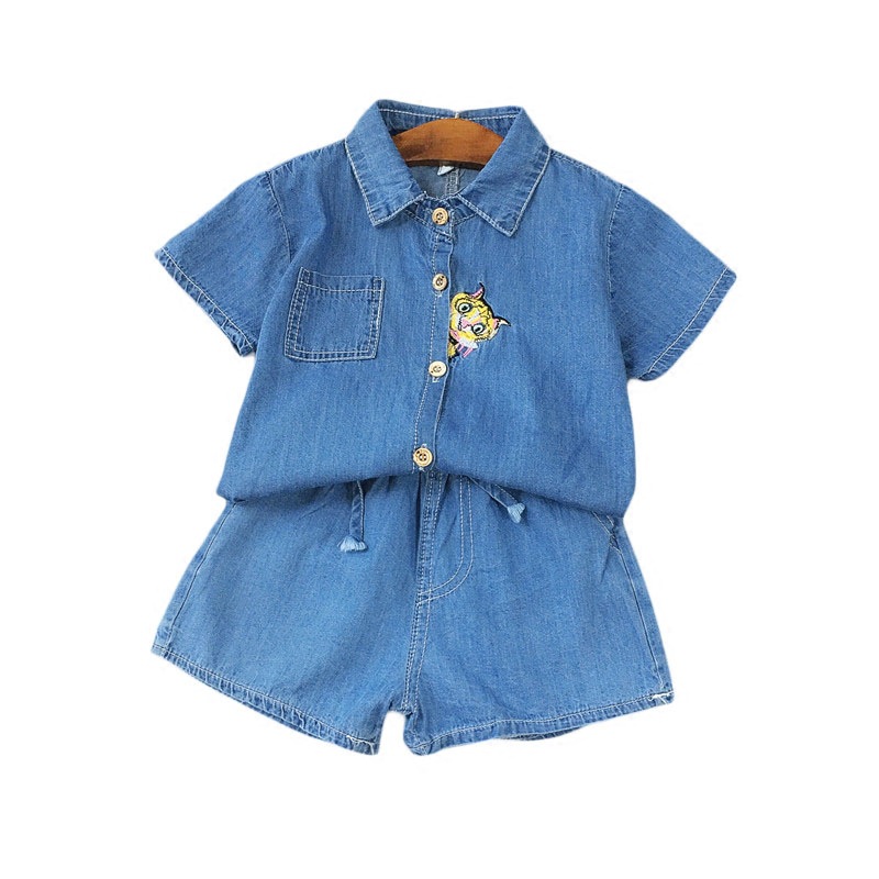 Blue Cotton Cat Thread Work Top Plain Shorts For Girls