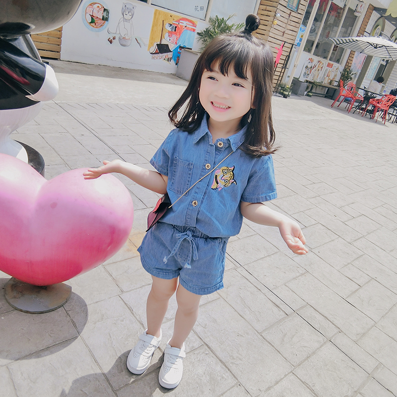 Blue Cotton Cat Thread Work Top Plain Shorts For Girls