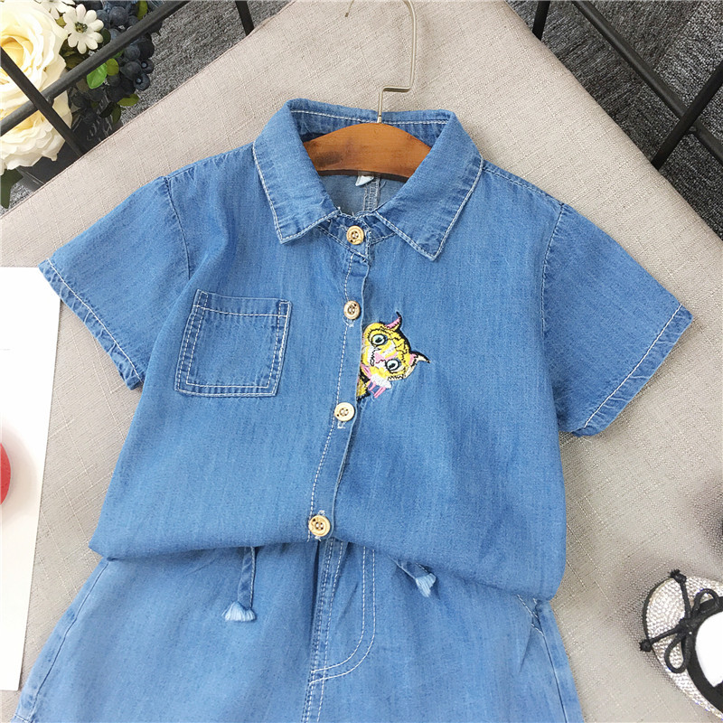 Blue Cotton Cat Thread Work Top Plain Shorts For Girls