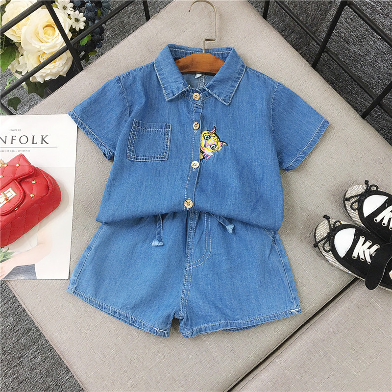 Blue Cotton Cat Thread Work Top Plain Shorts For Girls