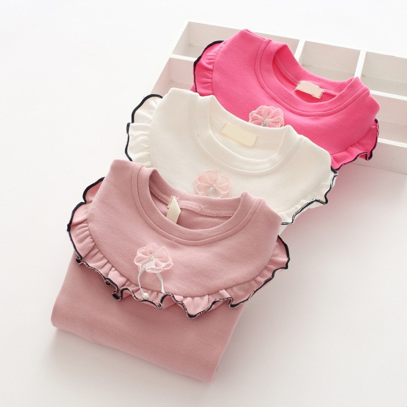 Cotton Ribbon Flower Decorated Cute Top For Girls