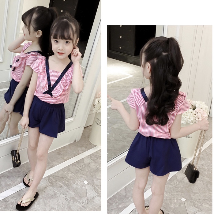 Cotton Ruffled Neck Stripped Top Plain Shorts For Girls