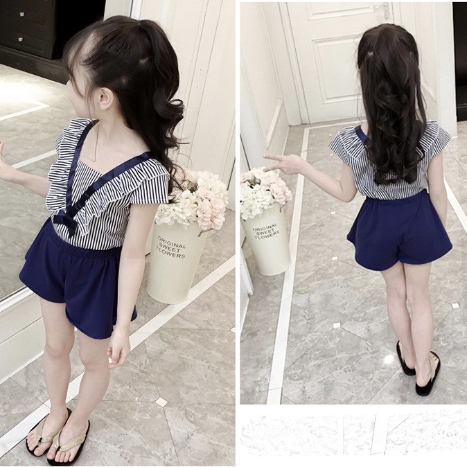 Cotton Ruffled Neck Stripped Top Plain Shorts For Girls