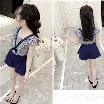 Cotton Ruffled Neck Stripped Top Plain Shorts For Girls