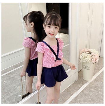 Cotton Ruffled Neck Stripped Top Plain Shorts For Girls