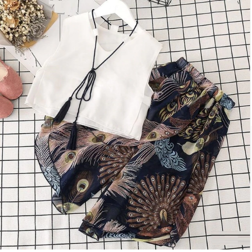 White Cotton Blouse Tops With Printed Pant for Baby Girl