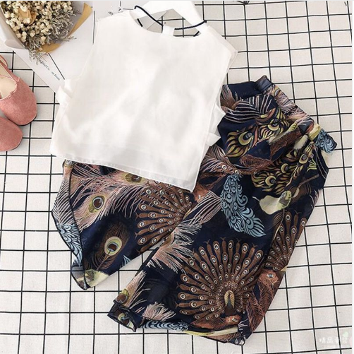 White Cotton Blouse Tops With Printed Pant for Baby Girl