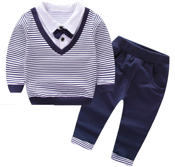 Blue Cotton Liner Long Sleeve Dress for Baby Boy