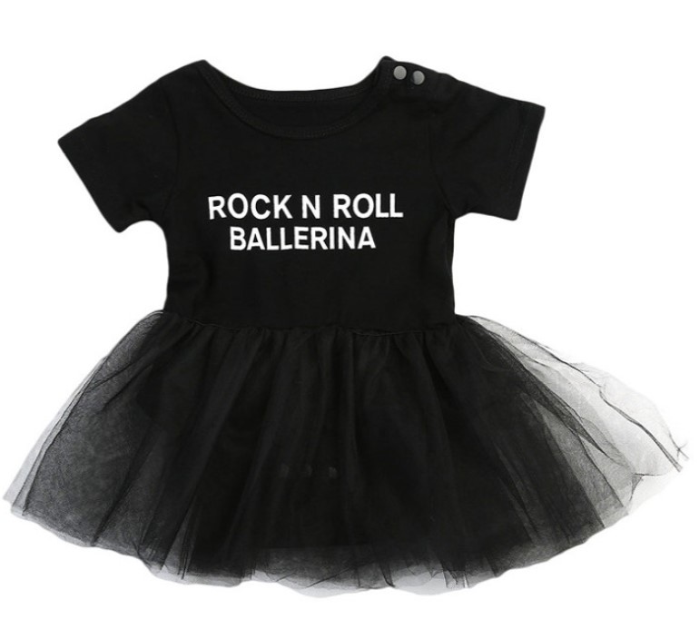 Black Cotton Letter Printed Dress for Baby Girl