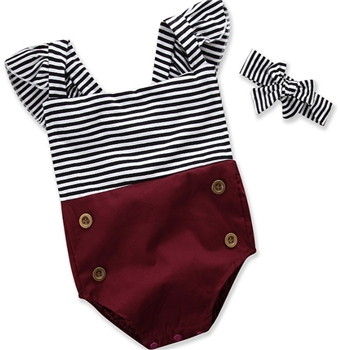 Cotton Striped Flying Sleeve Jumpsuit with Head Wear For Baby Girl
