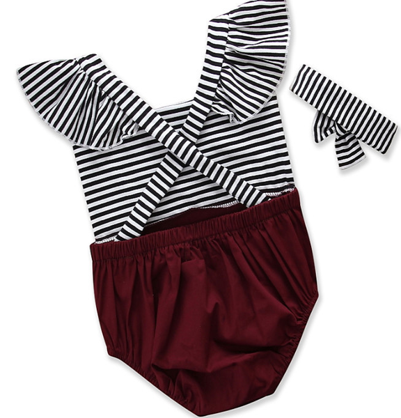 Cotton Striped Flying Sleeve Jumpsuit with Head Wear For Baby Girl