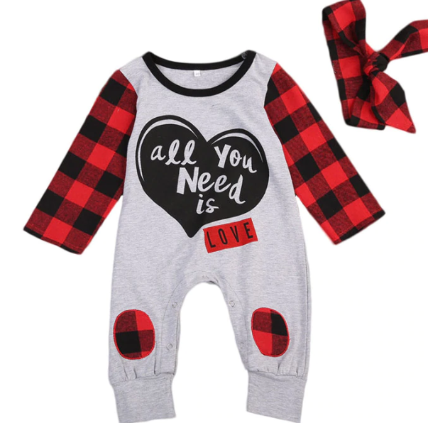 Cotton Letter Print Plaid Long Sleeve Romper for Baby Girl