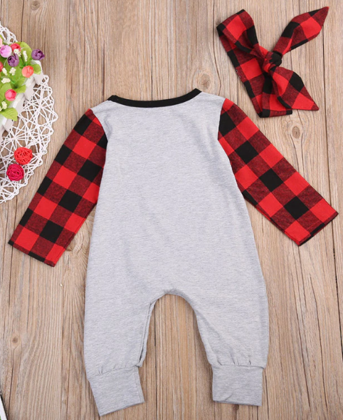 Cotton Letter Print Plaid Long Sleeve Romper for Baby Girl