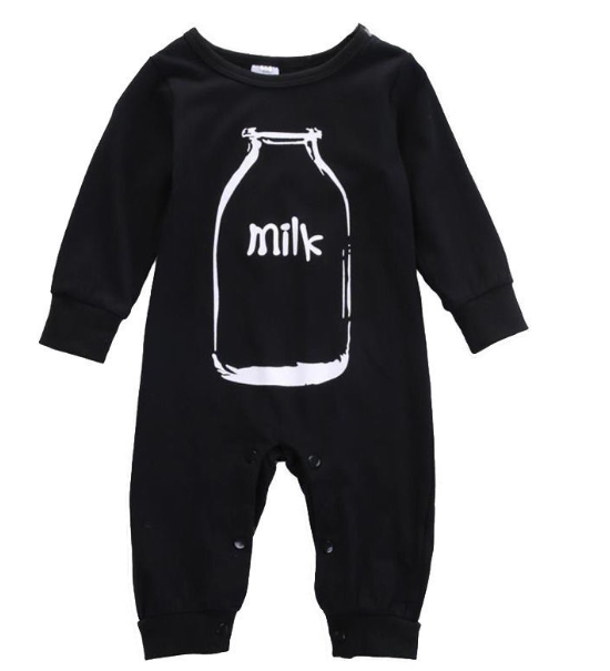 Black Cotton Milk Bottle Print Romper for Kids