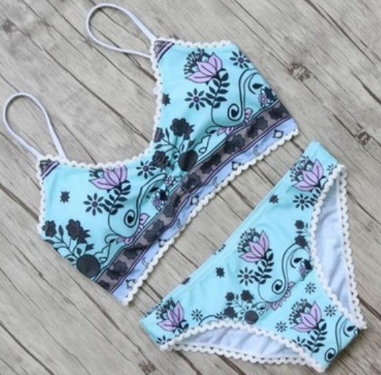 Polyester Floral Printed Two Piece Swim Wear for Women
