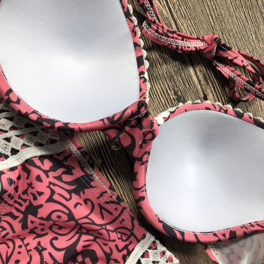 Pink Polyester Print Lace Casual Swim Suit for Women