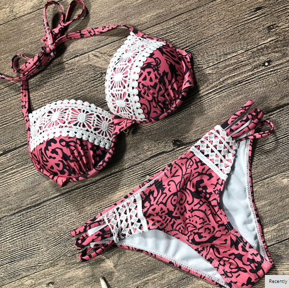 Pink Polyester Print Lace Casual Swim Suit for Women