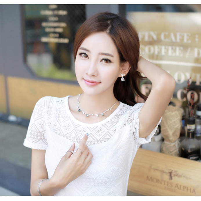 White Polyester Lace Patterned Neck Women Top
