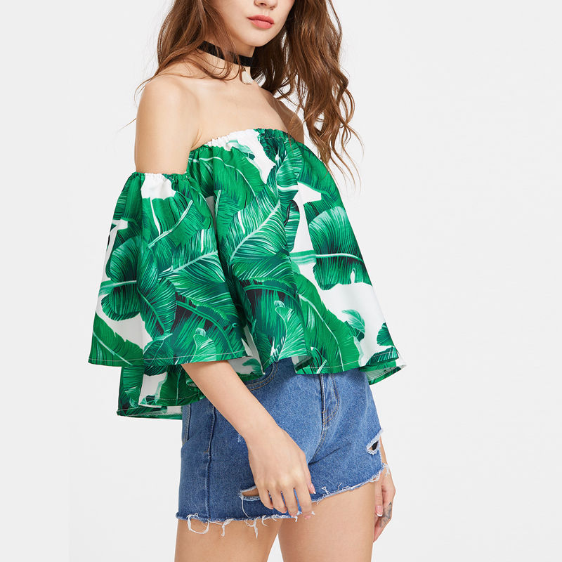 Green Polyester Big Leaves Printed Women Top