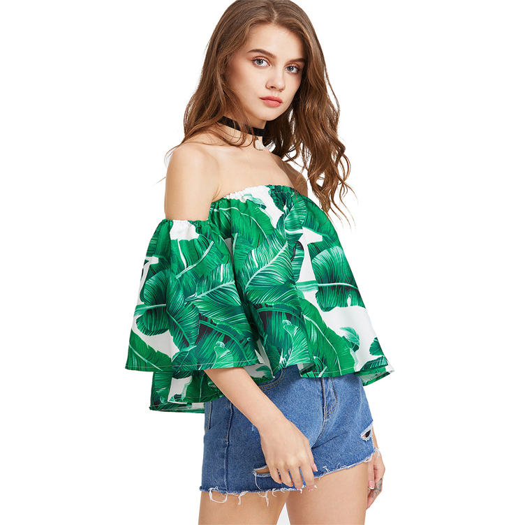 Green Polyester Big Leaves Printed Women Top
